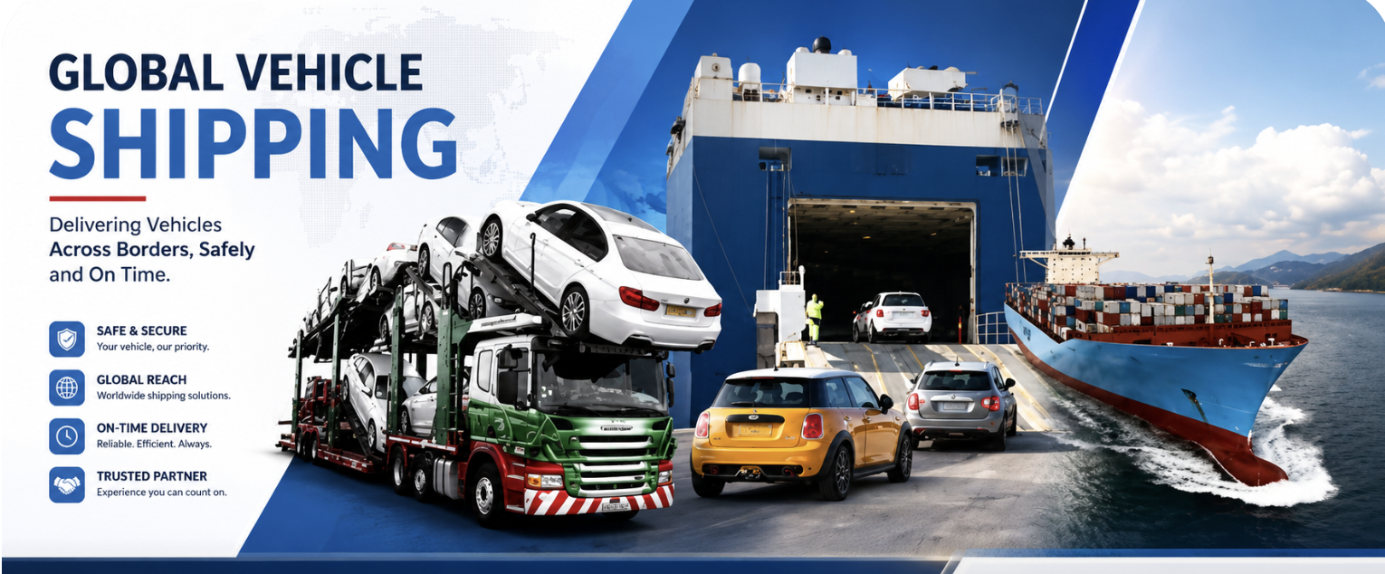 Global vehicle shipping from the UK — car carrier truck loading vehicles onto a RORO ramp alongside a container vessel for worldwide delivery