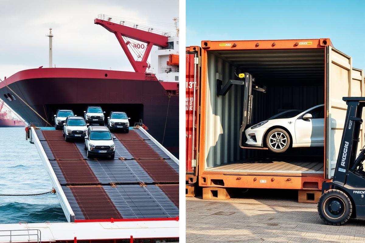 Four cars loaded on racking inside a 40ft shared container